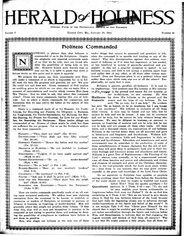 Title Page of Herald of Holiness - January 20, 1915