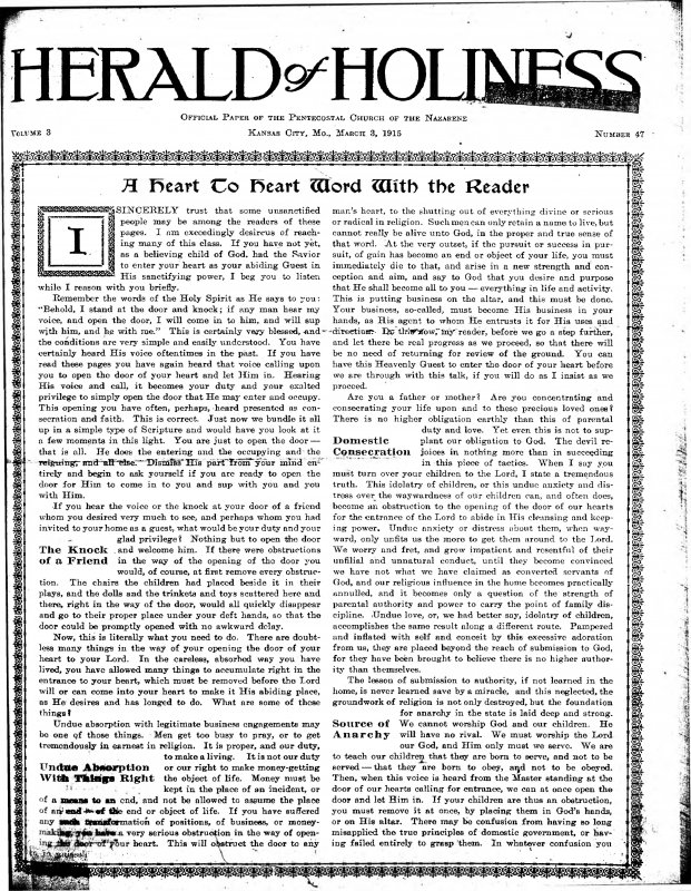 Title Page of Herald of Holiness - March 3, 1915