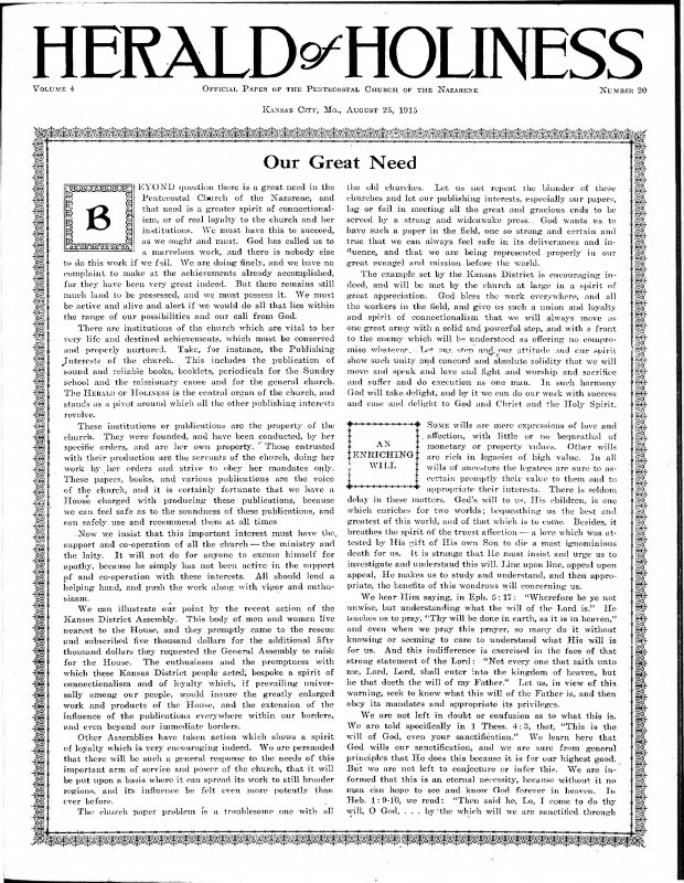 Title Page of Herald of Holiness - August 25, 1915