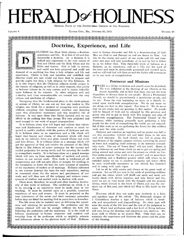 Title Page of Herald of Holiness - October 20, 1915