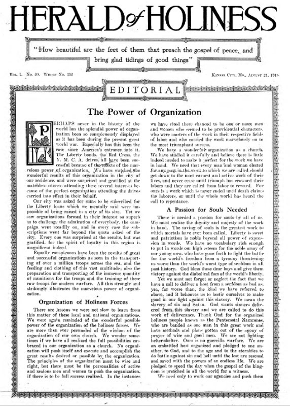 Title Page of Herald of Holiness – August 28, 1918