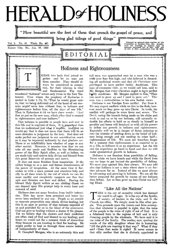 Title Page of Herald of Holiness - January 28, 1920
