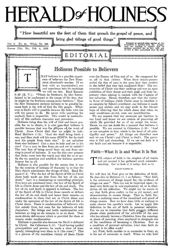 Title Page of Herald of Holiness - February 4, 1920