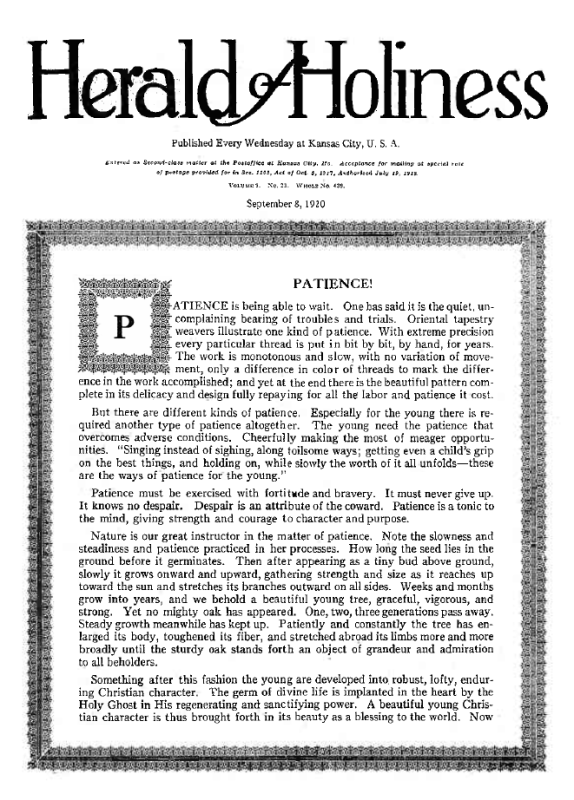 Title Page of Herald of Holiness - September 8, 1920