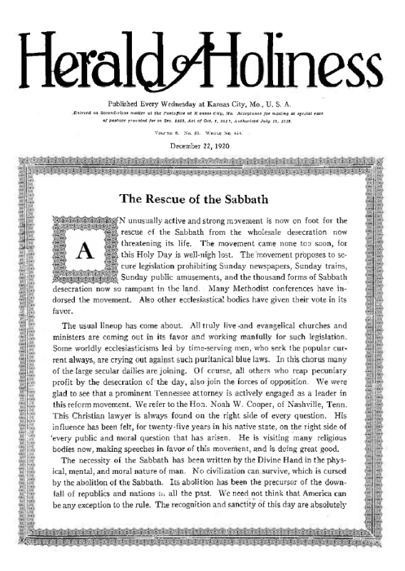 Title Page of Herald of Holiness - December 22, 1920