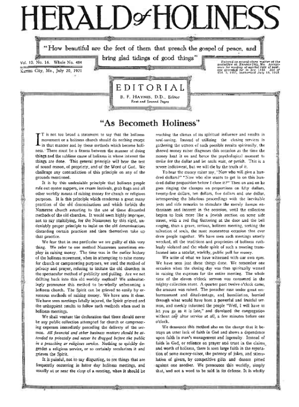 Title Page of Herald of Holiness - July 20, 1921