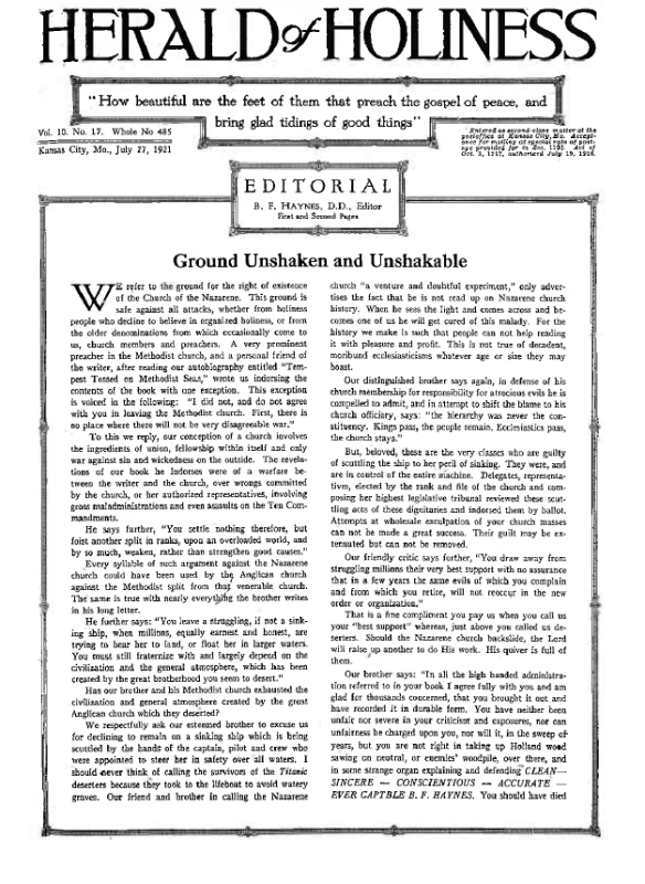 Title Page of Herald of Holiness - July 27, 1921