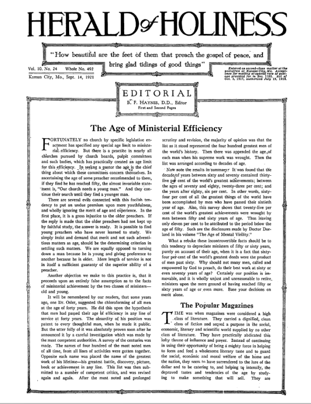 Front page of Herald of Holiness - September 14, 1921