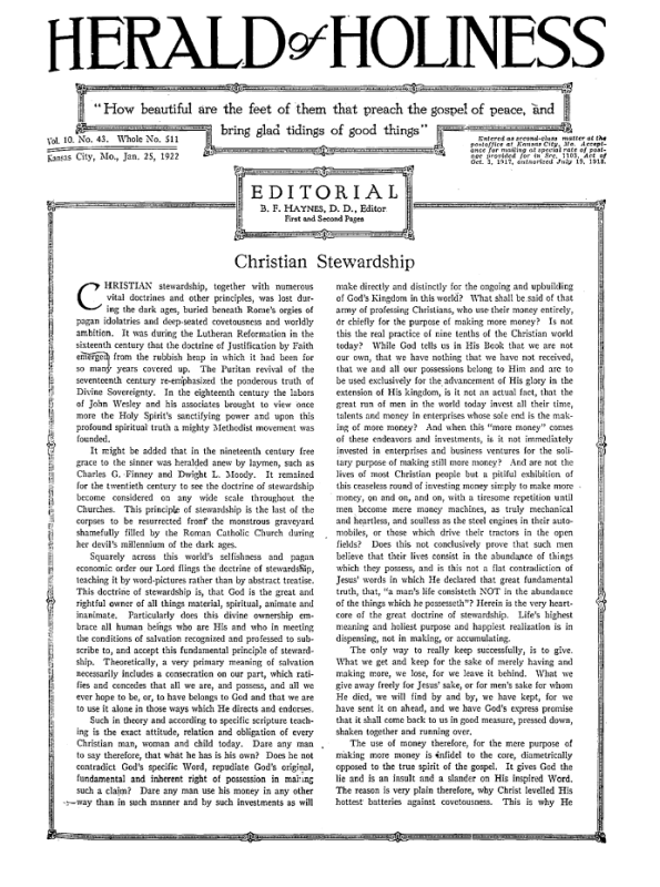 Front page of Herald of Holiness - January 25, 1922