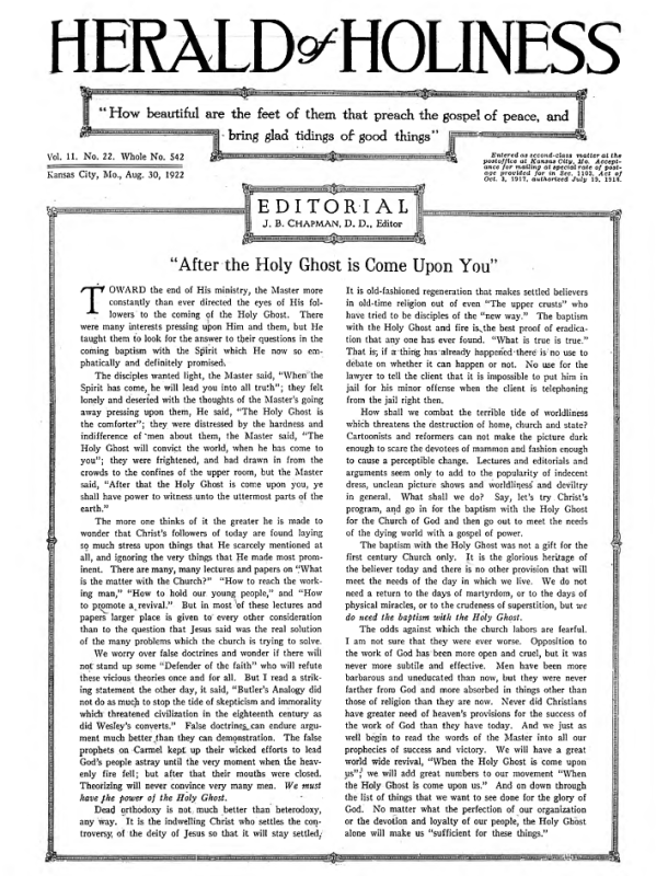 Front page of Herald of Holiness - August 30, 1922