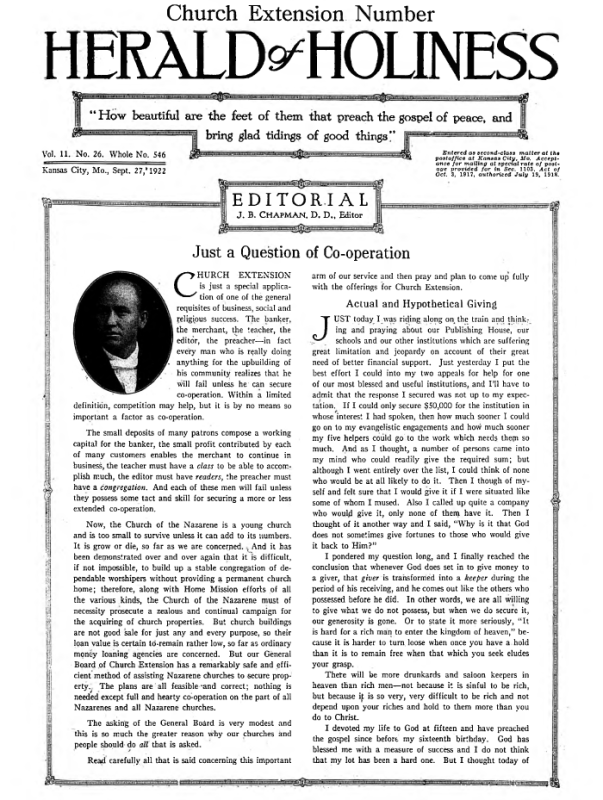 Front page of Herald of Holiness - September 27, 1922