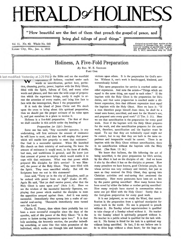 Front page of Herald of Holiness - January 3, 1923