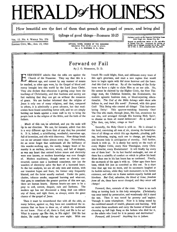 Front page of Herald of Holiness - April 25, 1923