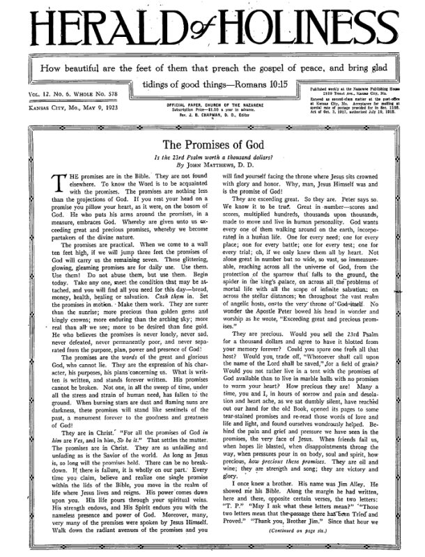 Front page of Herald of Holiness - May 9, 1923