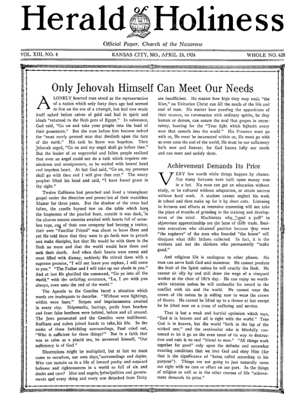 Front page of Herald of Holiness - April 23, 1924