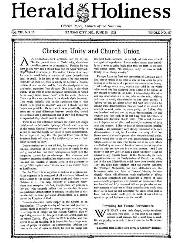 Front page of Herald of Holiness - June 25, 1924