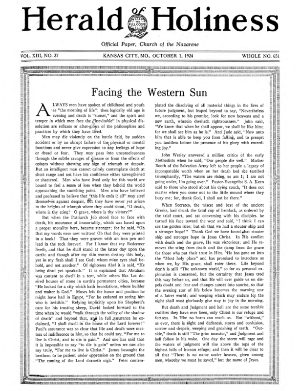 Front page of Herald of Holiness - October 1, 1924