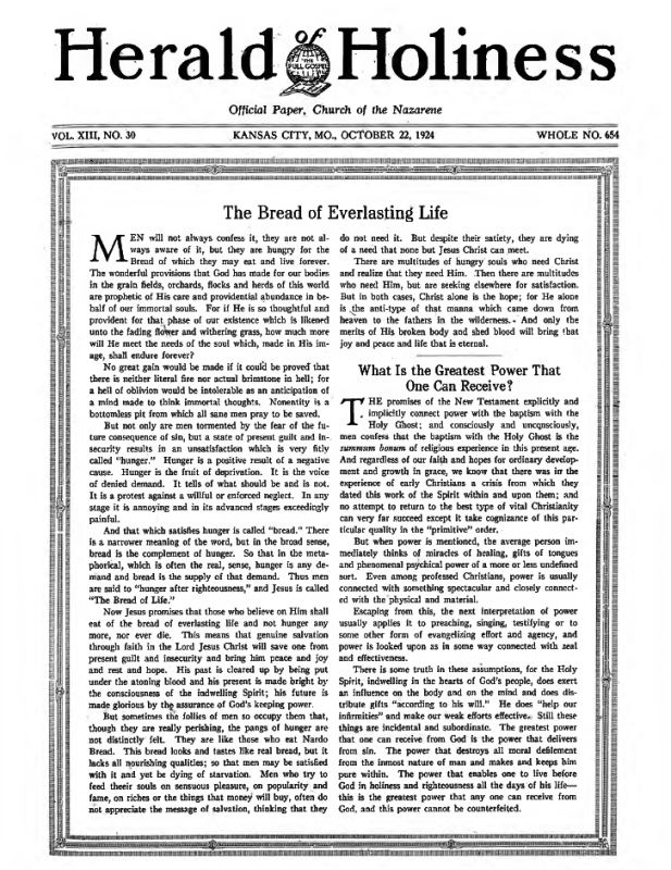 Front page of Herald of Holiness - October 22, 1924