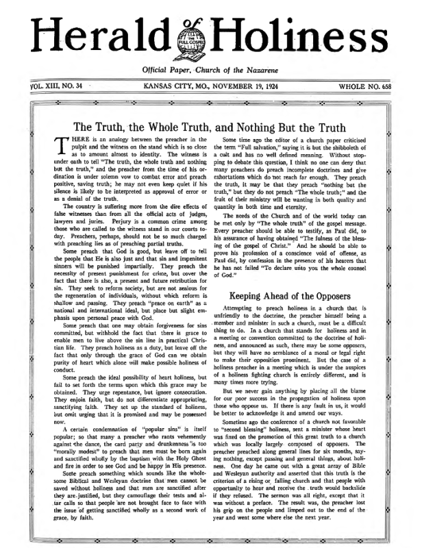 Front page of Herald of Holiness - November 19, 1924