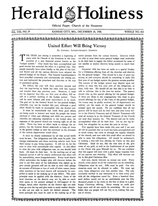 Front page of Herald of Holiness - December 24, 1924