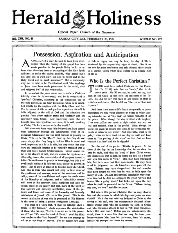 Front page of Herald of Holiness - February 25, 1925