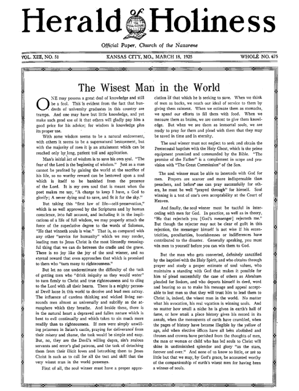 Front page of Herald of Holiness - March 18, 1925