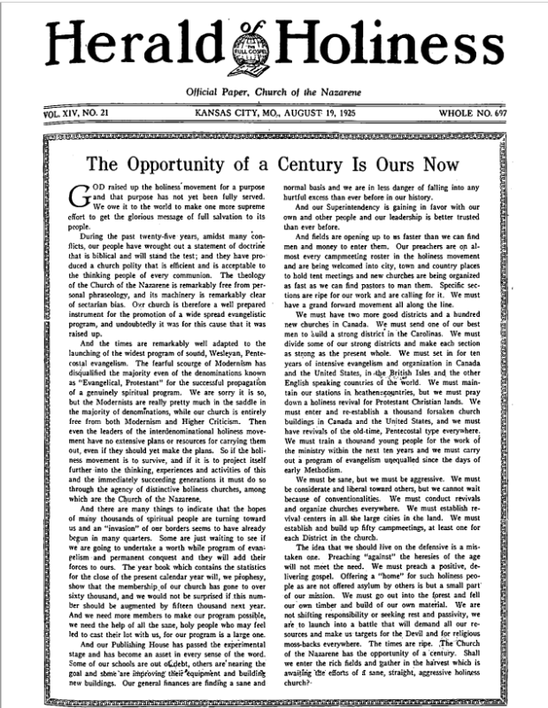 Front page of Herald of Holiness - August 19, 1925
