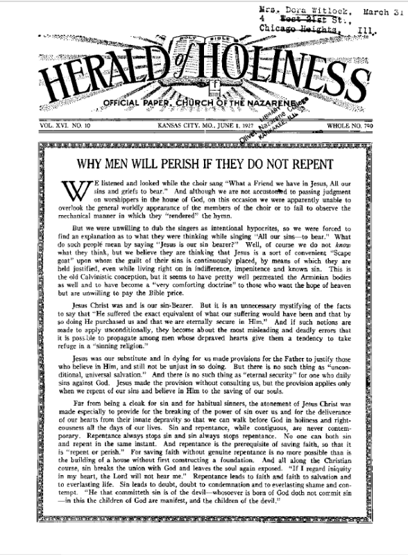 Front page of Herald of Holiness - June 1, 1927