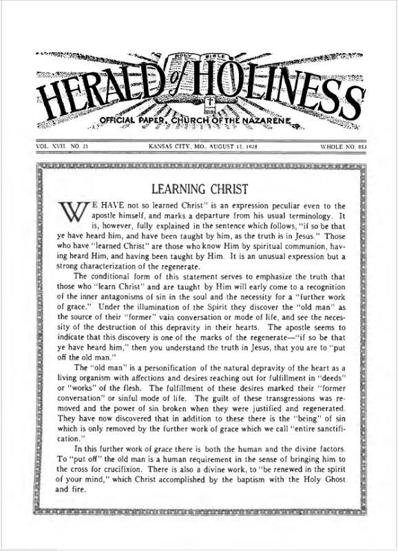 Front page of Herald of Holiness - August 15, 1928
