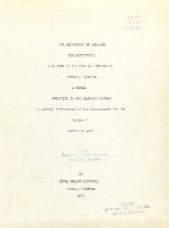 A History of the Town and College of Bethany, Oklahoma